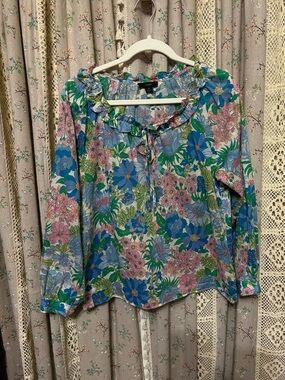 J.Crew Floral Ruffle Neck Blouse Cottagecore Boho Cotton Top Small